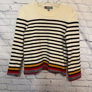 Marled Striped Sweater Small Cream Black French Stripe Crochet Hem Knit